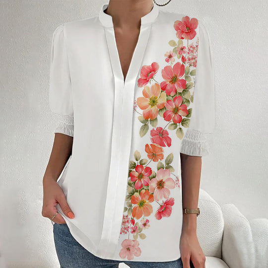 Damen Blumenprint Tunika-Bluse mit Stehkragen, geschlitzter V‑Blende und gerafften 3/4-Ärmeln EB