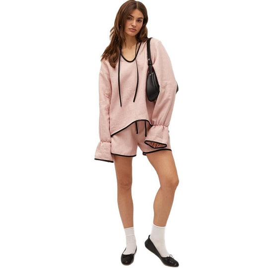 Damen luftiges Leinen-Loungewear-Set mit lockerem Oberteil und Shorts EB