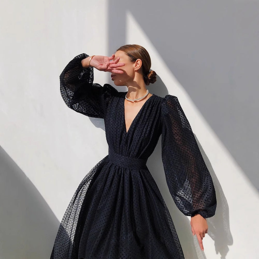 Damen Kleid mit transparentem Puffärmel und floralem Punkte-Design EB