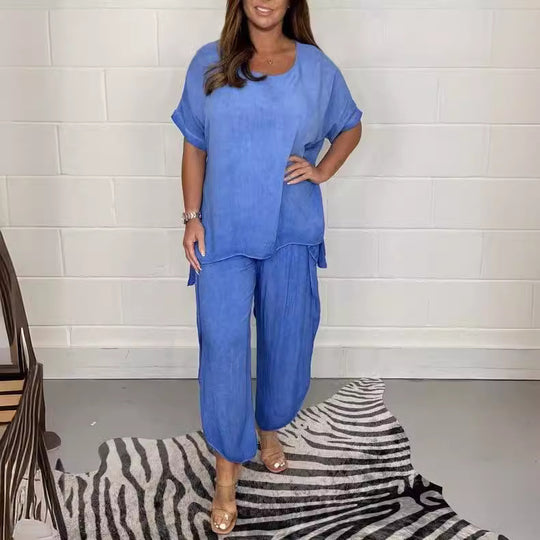 Damen Elegantes und legeres Zweiteiliges Set aus luftigem Leinenmaterial EB