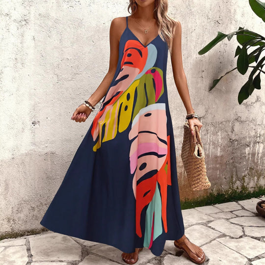 Damen Maxi Kleid mit buntem Pflanzenmuster EB