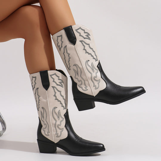 Damen nan Cowboystiefel im Westernstil mit mittelhohem Blockabsatz spitzer Zehenkappe und dekorativer Stickerei EB