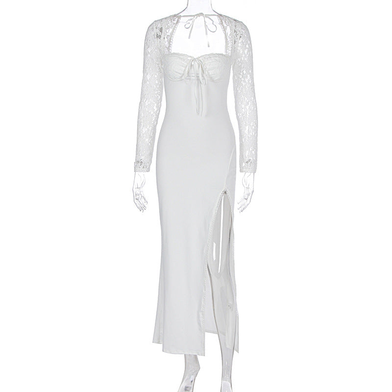 Damen Elegante Maxikleid mit transparenter Spitzenoberfläche und seitlichem Schlitz EB