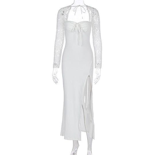 Damen Elegante Maxikleid mit transparenter Spitzenoberfläche und seitlichem Schlitz EB