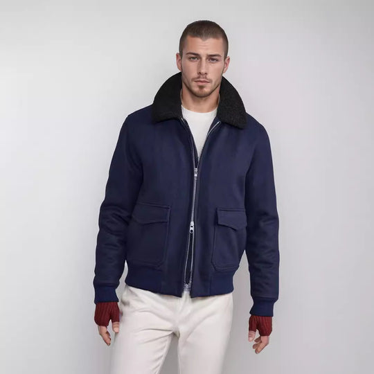 Herren modische Bikerjacke aus hochwertigem Wollmix mit warmem Futter EB