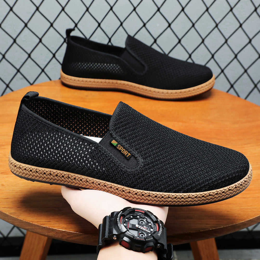 Herren nan atmungsaktiver Strick-Slip-On Loafer mit elastischem Einstieg, geflochtener Dekor-Sohle und gepolstertem Komfortfußbett EB