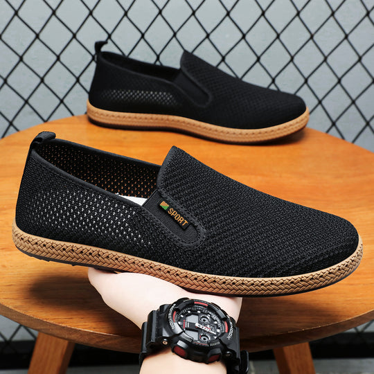 Herren nan atmungsaktiver Strick-Slip-On Loafer mit elastischem Einstieg, geflochtener Dekor-Sohle und gepolstertem Komfortfußbett EB