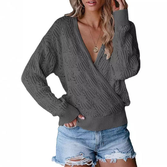 Damen Übergröße Strickpullover mit V-Ausschnitt und Rippstrickbündchen EB