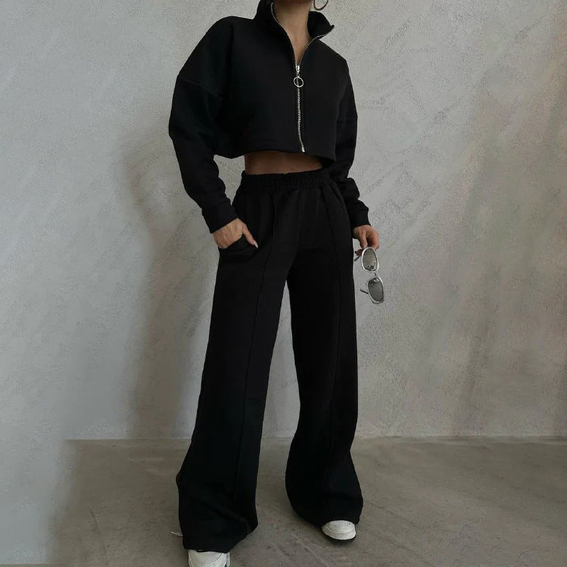 Damen nan kurzes Reißverschluss-Crop-Sweatshirt mit Stehkragen und hochtaillierter Jogginghose Set EB