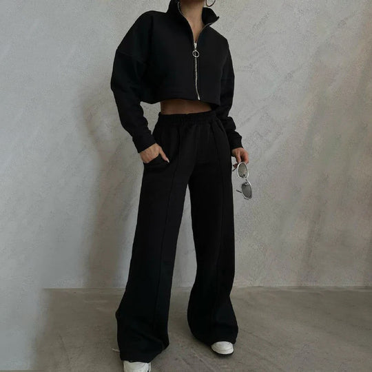 Damen nan kurzes Reißverschluss-Crop-Sweatshirt mit Stehkragen und hochtaillierter Jogginghose Set EB