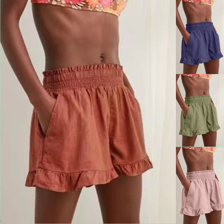 Damen Sommerkurze Hose mit elastischem Bund und fröhlichem Rüschensaum EB