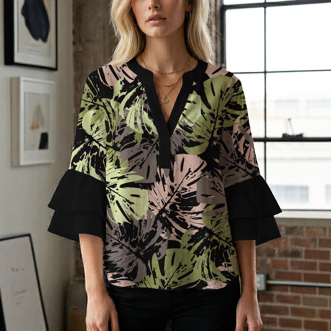 Damen Blusenshirt mit voluminösen Ärmeln und kreativem Druckdesign EB