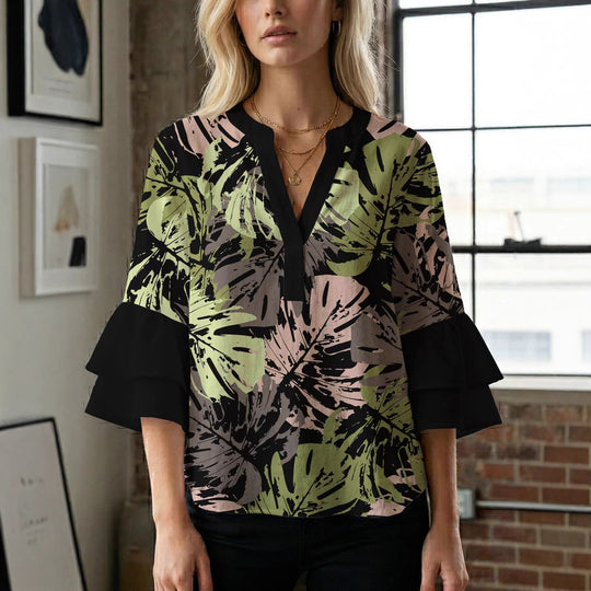 Damen Blusenshirt mit voluminösen Ärmeln und kreativem Druckdesign EB