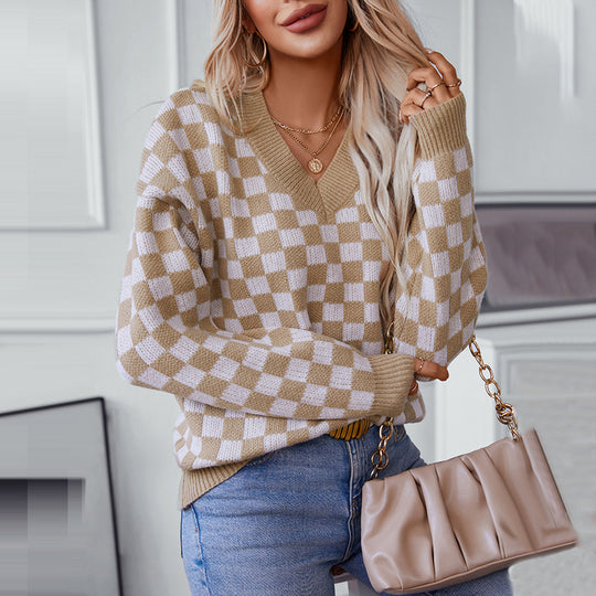 Damen lässiger V-Ausschnitt Pullover mit Karo-Muster und lockerer Passform EB