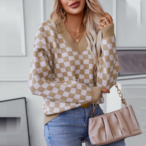 Damen lässiger V-Ausschnitt Pullover mit Karo-Muster und lockerer Passform EB