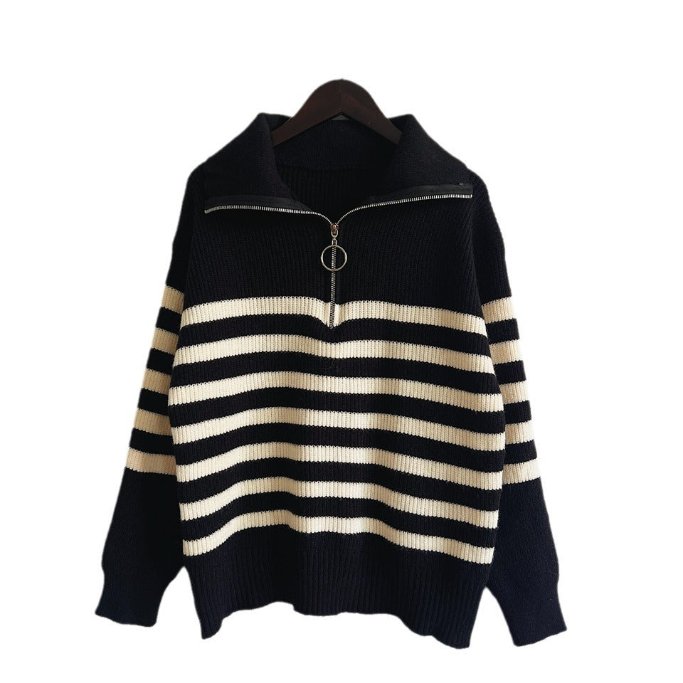 Damen gestreifter Pullover mit modernem Stehkragen und kurzer Reißverschluss EB