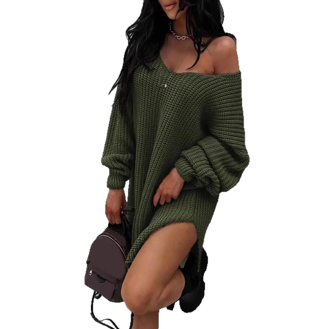 Damen lässiger Strickpullover mit tiefem V-Ausschnitt und ballonförmigen Ärmeln EB
