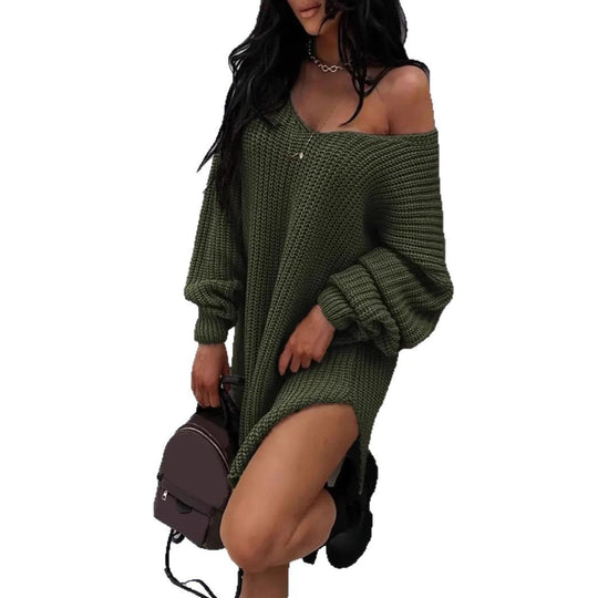 Damen lässiger Strickpullover mit tiefem V-Ausschnitt und ballonförmigen Ärmeln EB