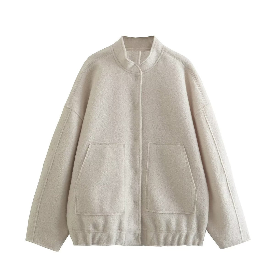 Damen flauschige Oversized-Jacke mit praktischen Taschen und elegantem Stehkragen EB