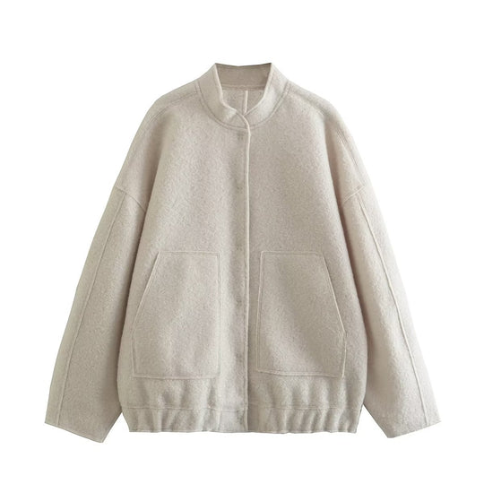 Damen flauschige Oversized-Jacke mit praktischen Taschen und elegantem Stehkragen EB