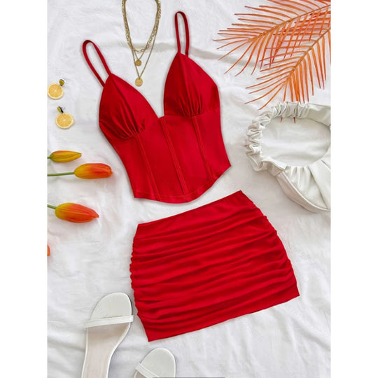 Damen Crop-Top und Mini-Rock Set mit Rüschendetails EB
