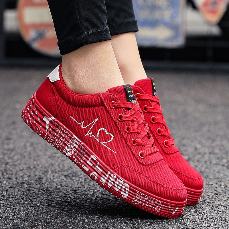 Damen nan Canvas-Sneaker mit dekorativer Print-Plateausohle und Herzlinien-Stickerei EB