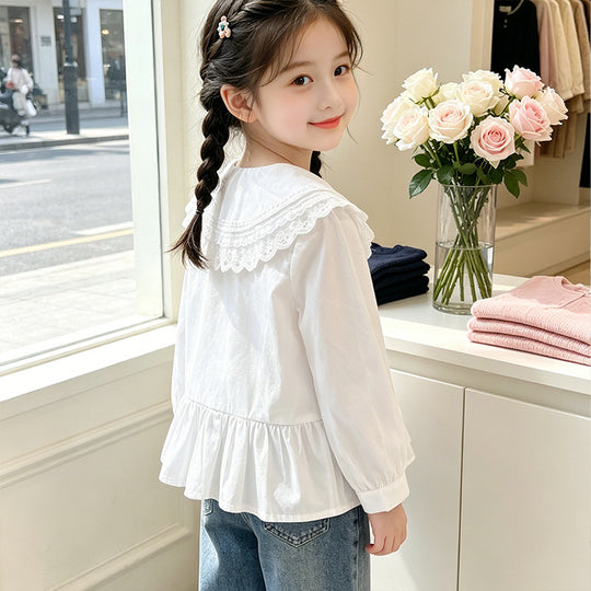 Mädchen elegante Bluse mit Spitzensaum und Rüschendetails EB
