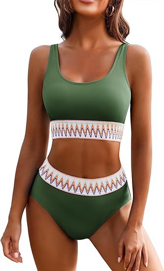 Damen Hochgeschnittener Sport-Bikini mit farbigem Bund EB