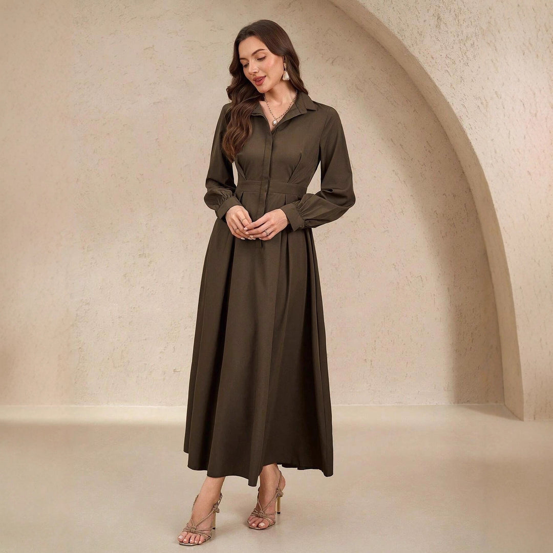 Damen nan langes Hemdblusenkleid mit Taillengürtel, verdeckter Knopfleiste und ballonärmeln EB