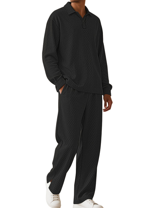 Herren nan Jacquard-Strickset mit Polokragen, legerer Passform und gerader Hose EB