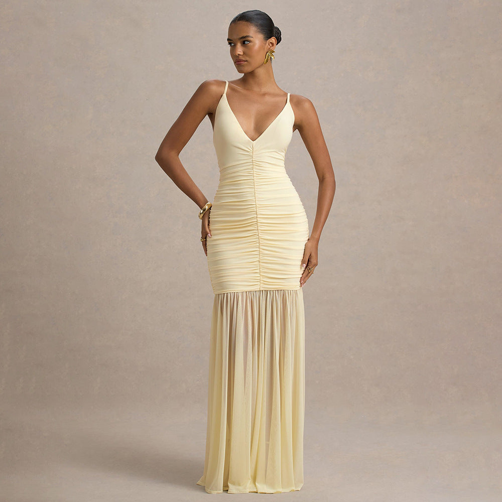 Damen Elegantes bodenlanges Kleid mit raffinierten Rüschendetails EB