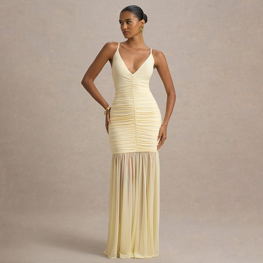 Damen Elegantes bodenlanges Kleid mit raffinierten Rüschendetails EB
