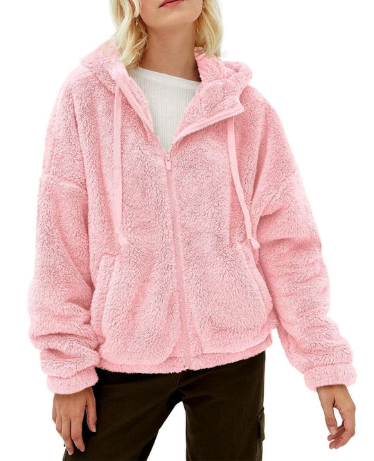Damen lässige Fleecejacke mit Kängurutasche und Kapuze EB