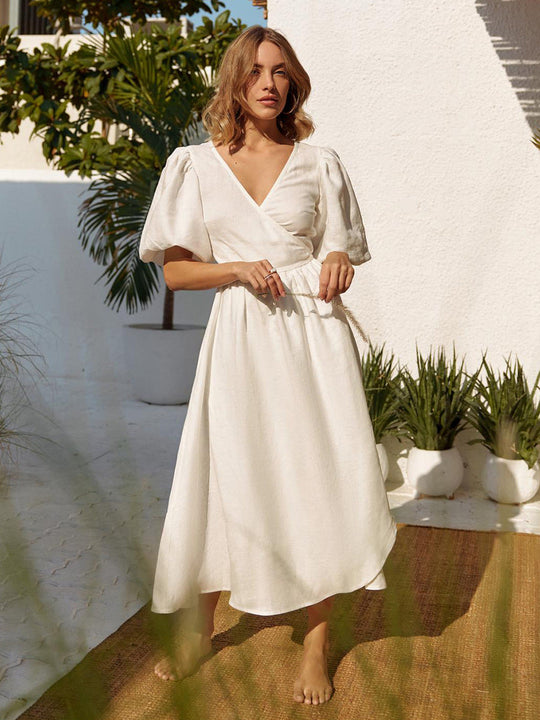 Damen Lässiges Leinenkleid mit Ballonärmeln und Tailliertem Gürtel EB