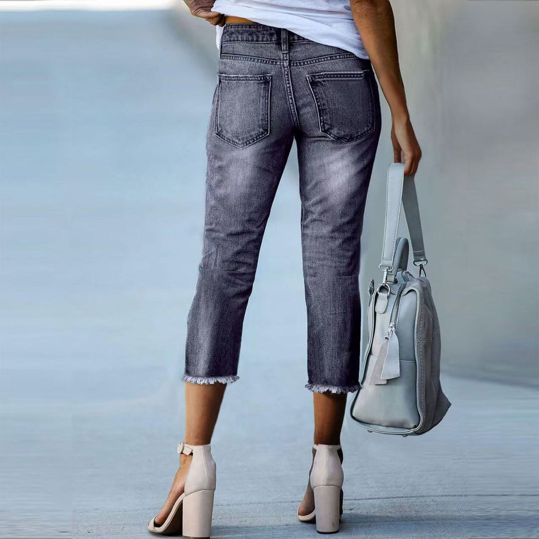Damen 3/4 Jeans mit modischem Fransenabschluss EB