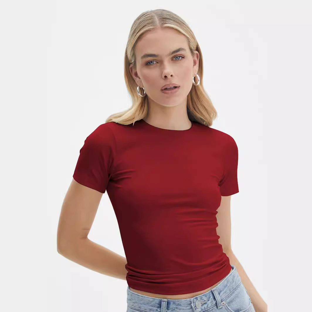 Damen figurbetontes T-Shirt mit Rundhalsausschnitt und kurzem Arm EB