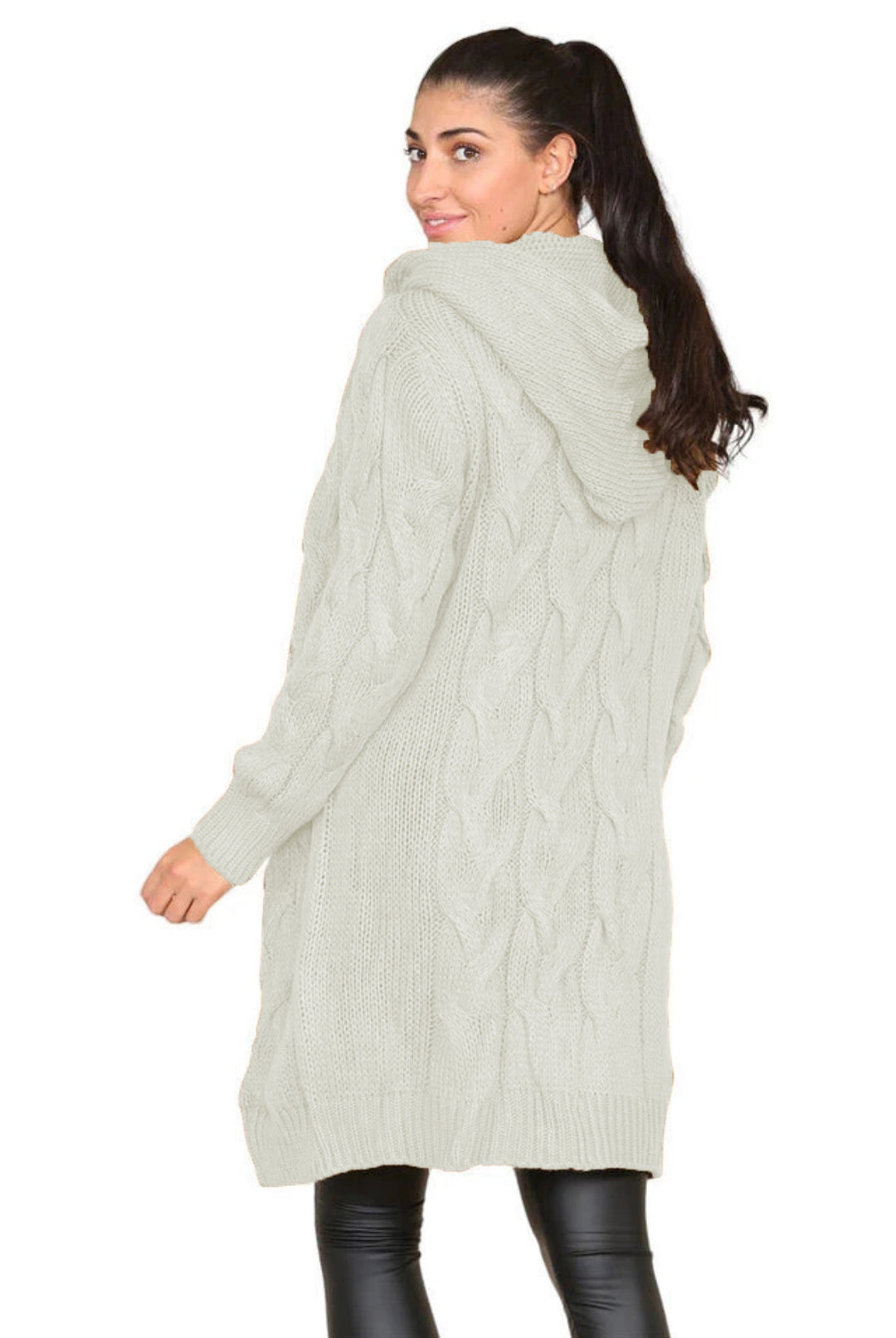 Damen Großer Strickmantel mit Kapuze und Zopfmuster EB