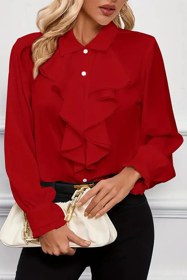 Damen Elegante Rüschenbluse mit Volants, Hemdkragen und Manschetten EB
