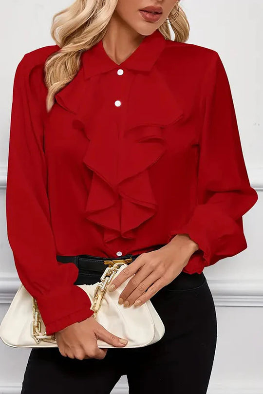 Damen Elegante Rüschenbluse mit Volants, Hemdkragen und Manschetten EB