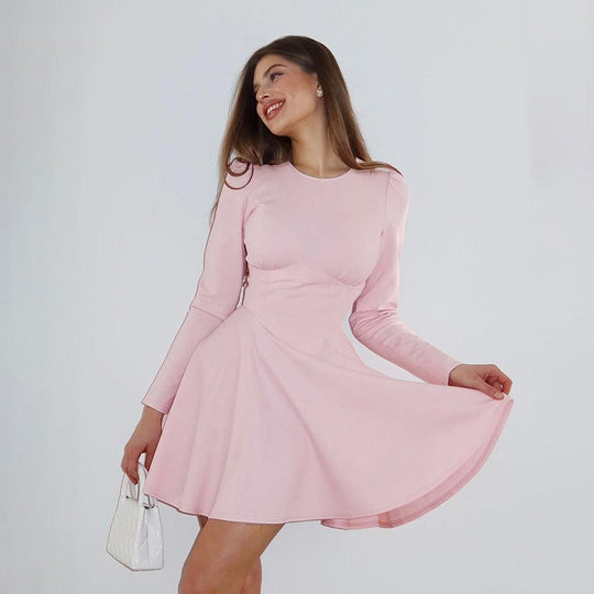 Damen elegantes Minikleid im klassischen A-Linien-Schnitt mit langen Ärmeln und schickem Herzausschnitt EB