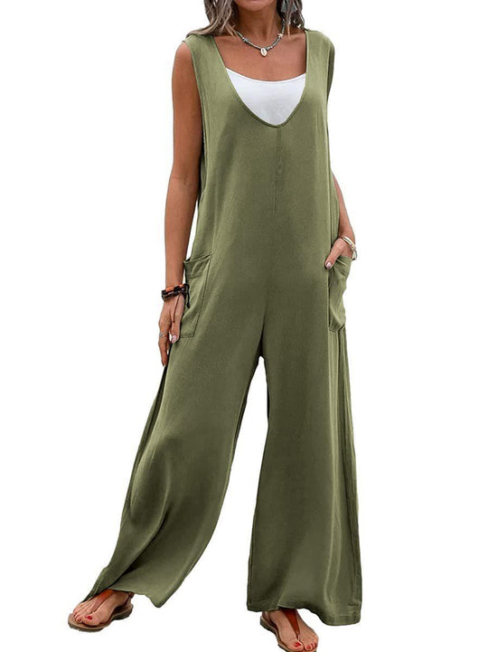 Damen Lässiger Jumpsuit mit tiefem V-Ausschnitt und praktischen Taschen EB