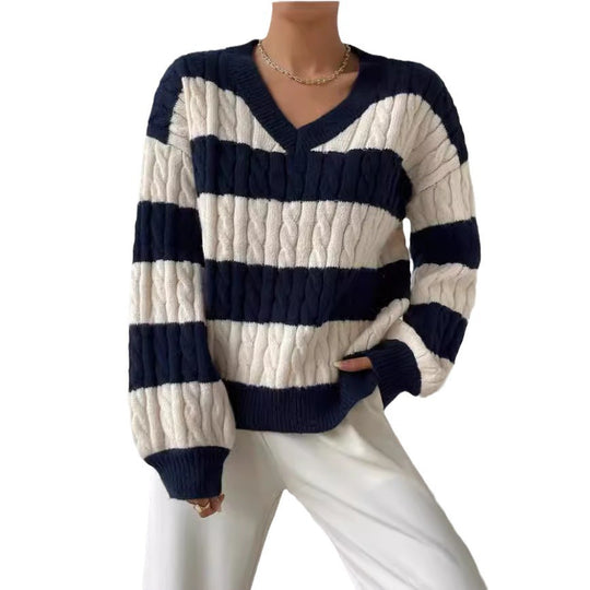 Damen V-Ausschnitt Strickpullover mit Rippstruktur und langen Ärmeln EB