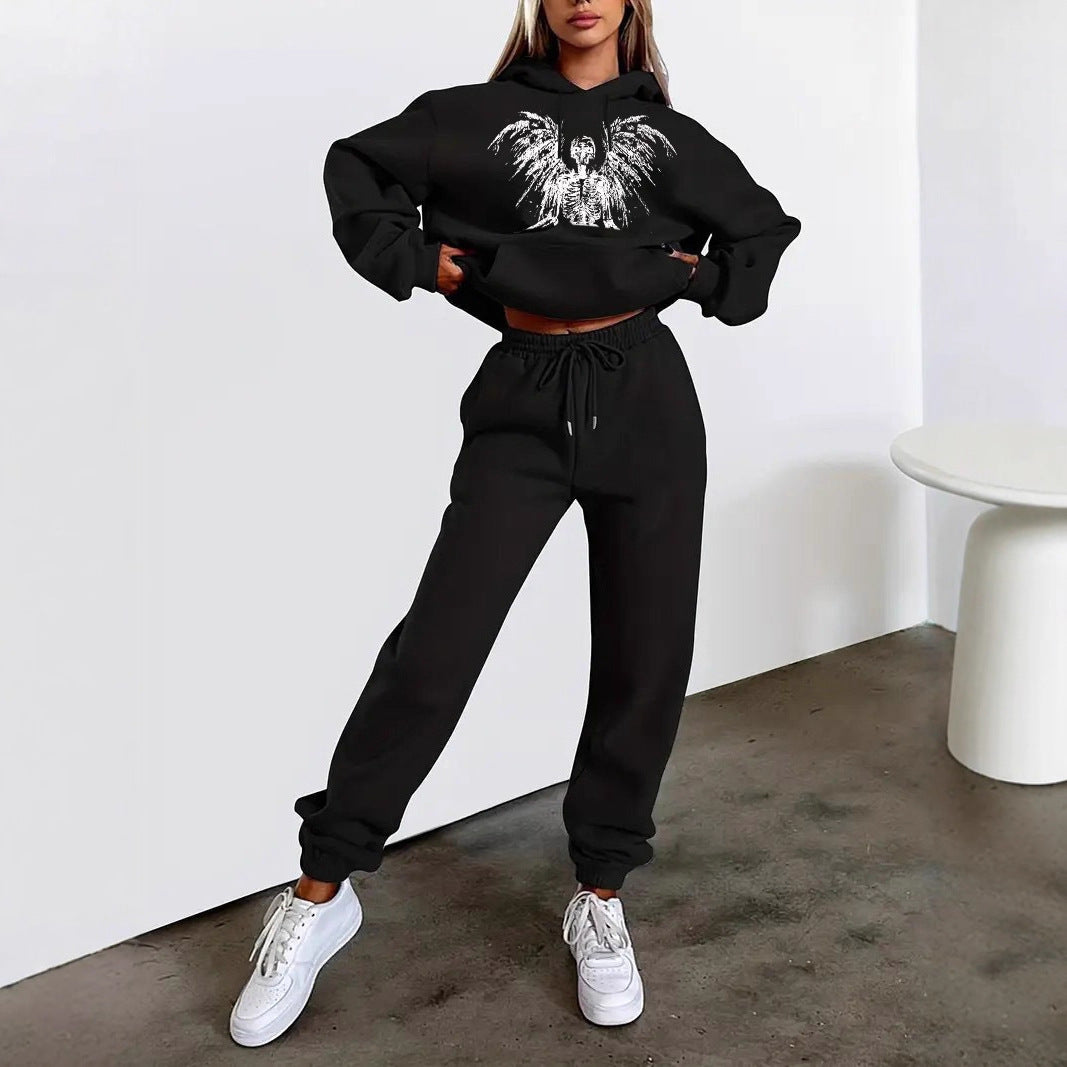 Damen nan zweiteiliges Lounge-Set Kapuzenpullover Cropped und High-Waist Jogginghose mit Engelsmotiv und elastischem Bund EB
