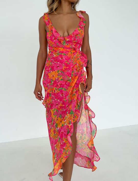Damen Maxikleid mit asymmetrischem Saum und voluminösen Rüschen EB