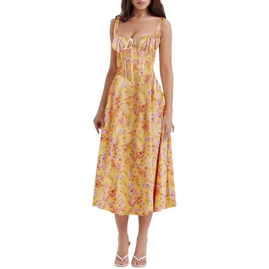 Damen Maxikleid mit schulterfreier Silhouette und romantischem Blumenmuster EB