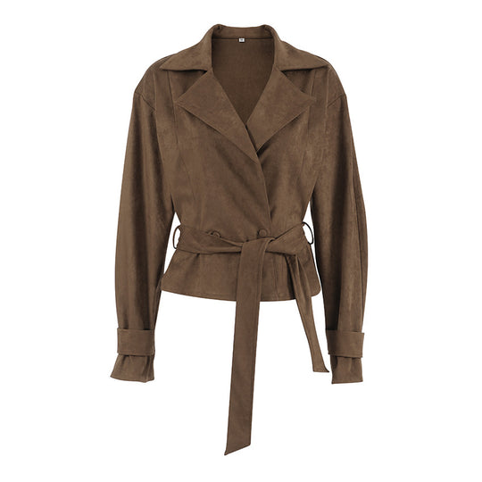 Damen Modische Suede-Blazerjacke mit tailliertem Design und Raffungen EB