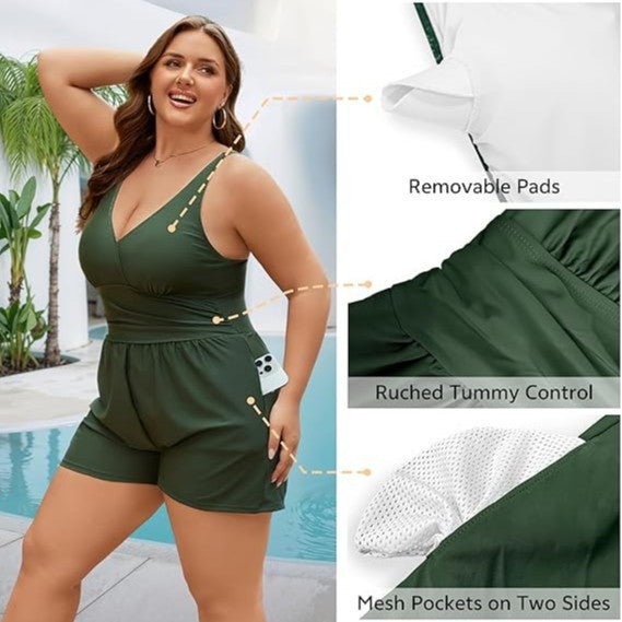 Damen Playsuit mit tiefem V-Ausschnitt und seitlichen Taschen EB