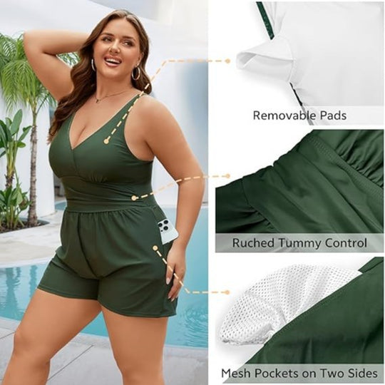 Damen Playsuit mit tiefem V-Ausschnitt und seitlichen Taschen EB
