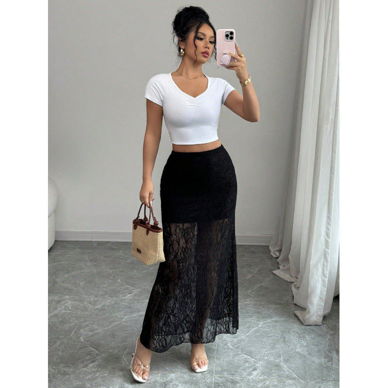 Damen Eleganter Spitzenrock im Maxi-Style mit transparenter Optik EB
