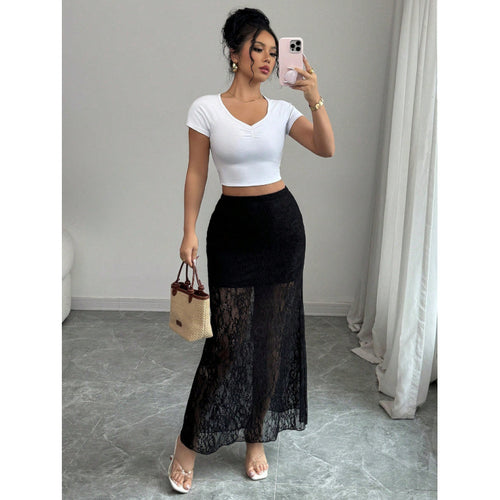 Damen Eleganter Spitzenrock im Maxi-Style mit transparenter Optik EB